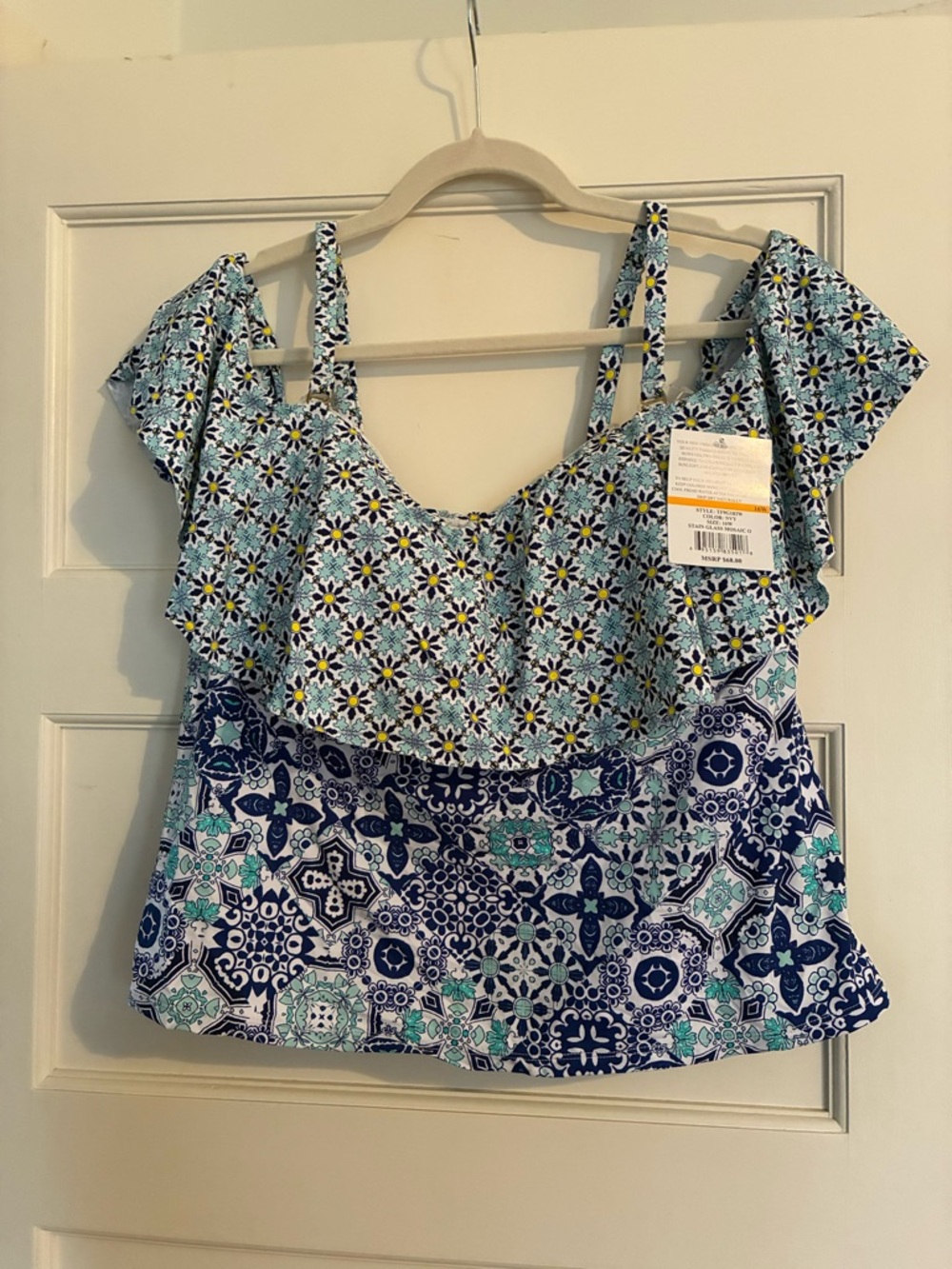Printed Off-Shoulder Swim Cami in Blue/Teal